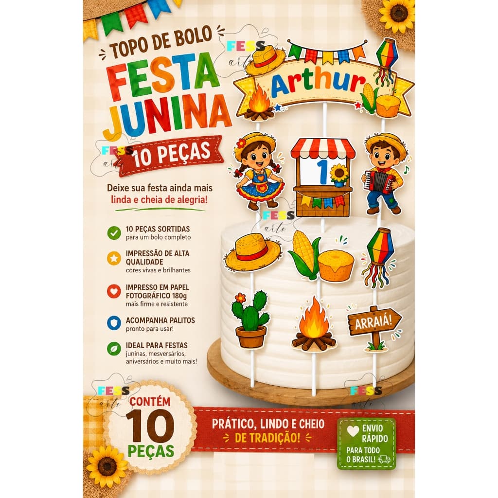 topo de bolo festa junina personalizado nome idade mêsversário decoração tag 10 peças barato