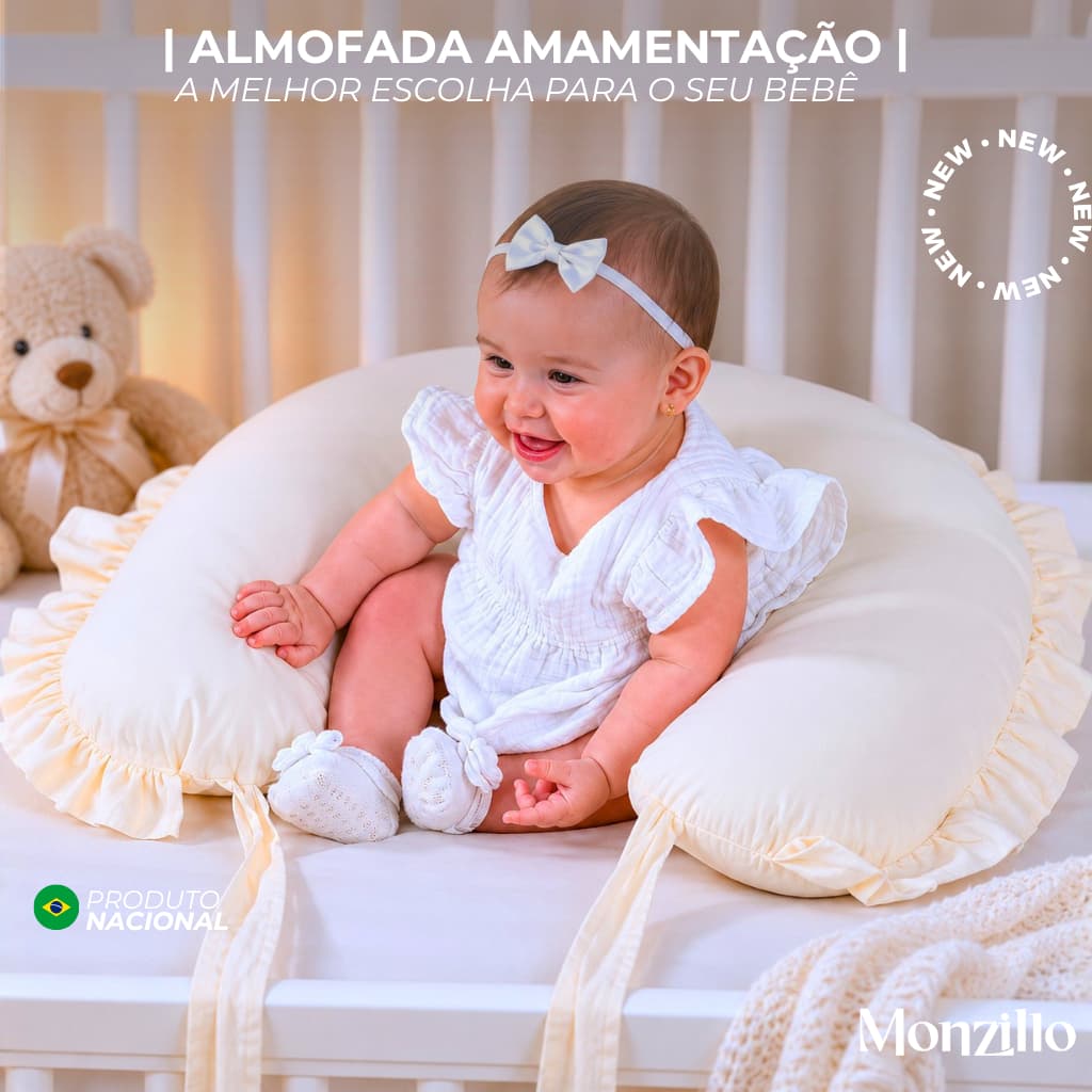 Almofada de Amamentação com Babado e Laço Extra Grande Algodão ziper e refil Diversas Cores Unissex