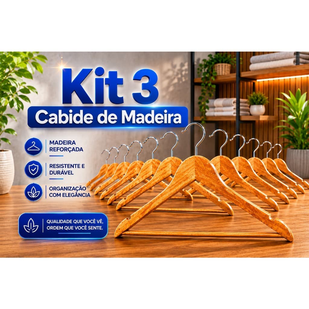Kit 3 Cabide de Madeira Adulto para Calças Conjuntos com Cava e Barra