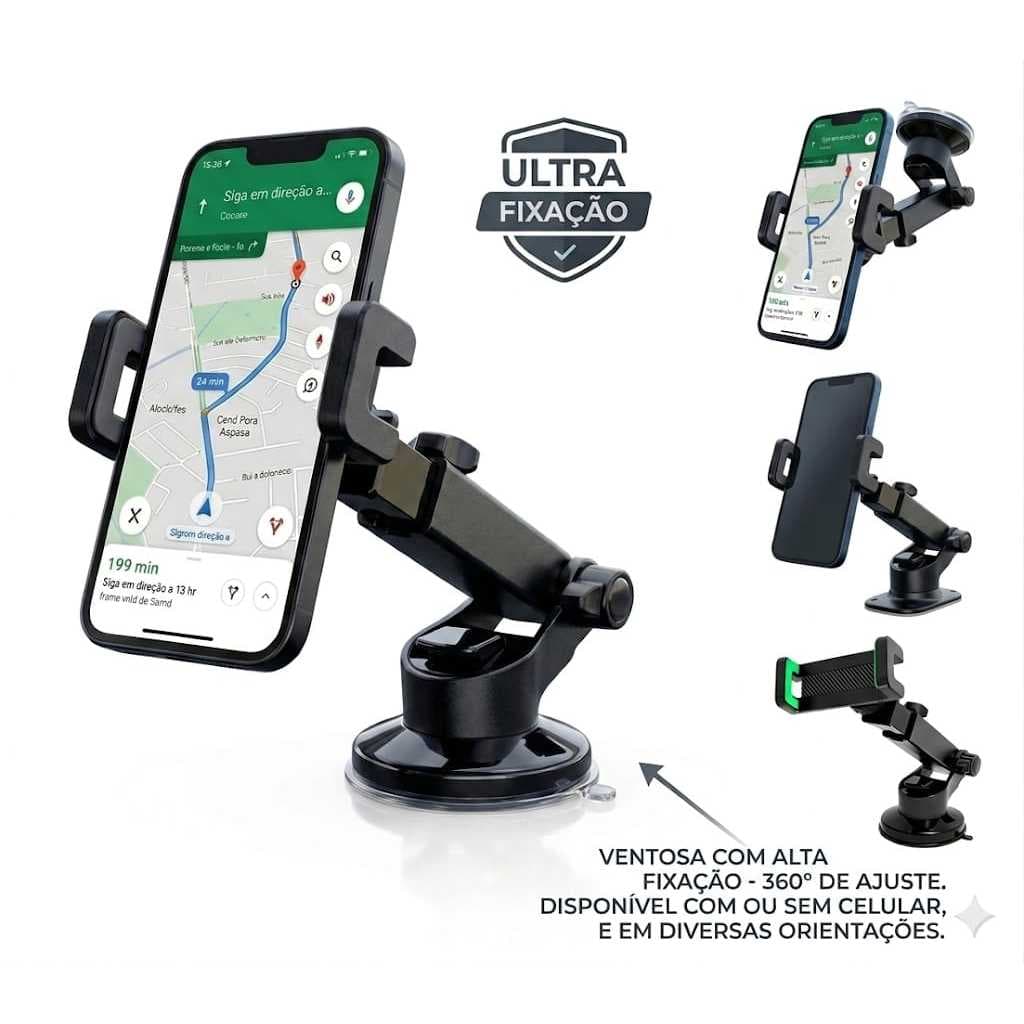 Suporte Celular Universal Carro Ventosa Silicone 360 Graus Articulado Haste Extensora Painel Vidro