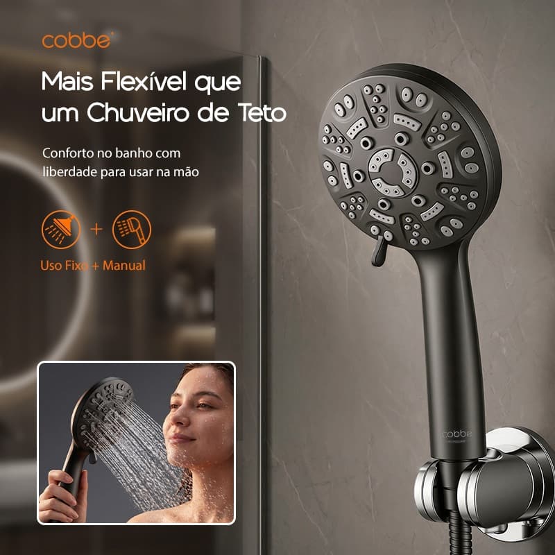Ducha Chuveiro de Mão 8 Funções Alta Pressão com Mangueira Para Banheiro Cromado ou Preto Fosco Premium Heemli