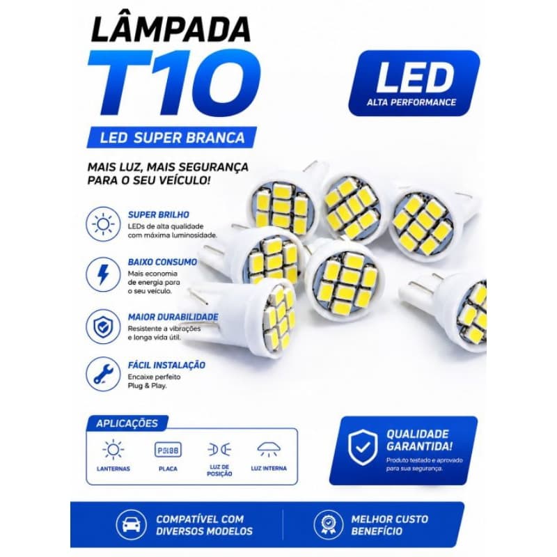 2 Lâmpada Led T10 led 5W 12V branco