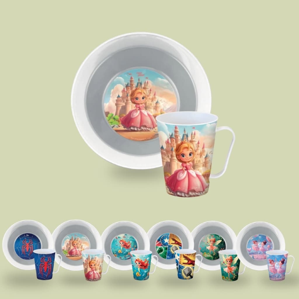 Kit Infantil Princesa Prato E Caneca Plástico Rosa Personagem Menina Refeição Resistente Fofo