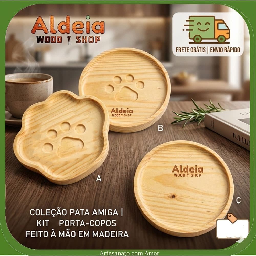 Jogo Pires Porta copos Redondo Pinus Pet de Madeira para Xícaras de Chá Café Cantinho do Café Pets