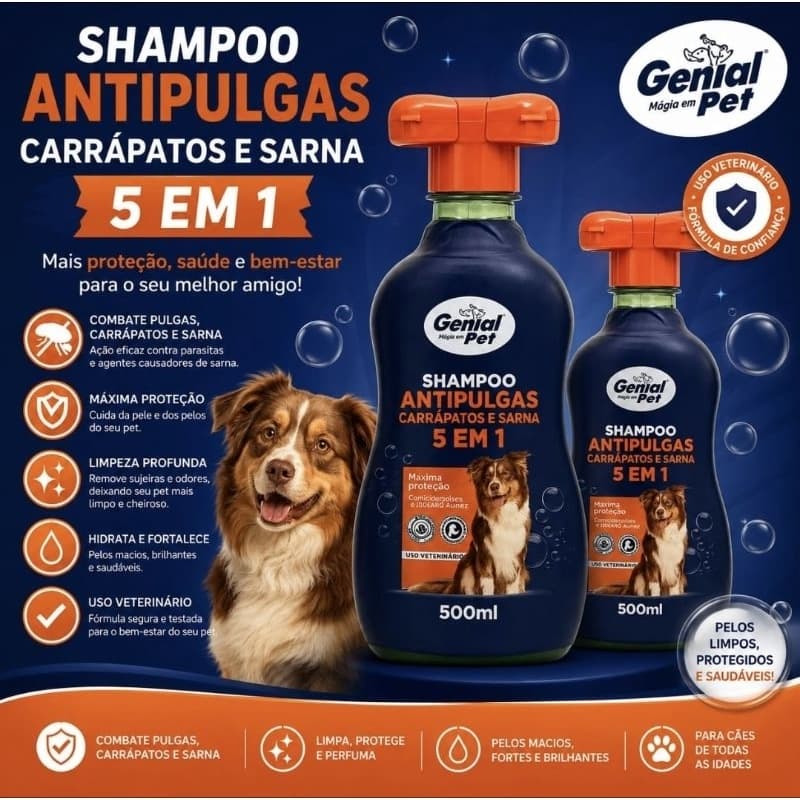 Shampoo Antipulgas 5 em 1 Carrapatos e Sarnas Genial Pet 500 ml