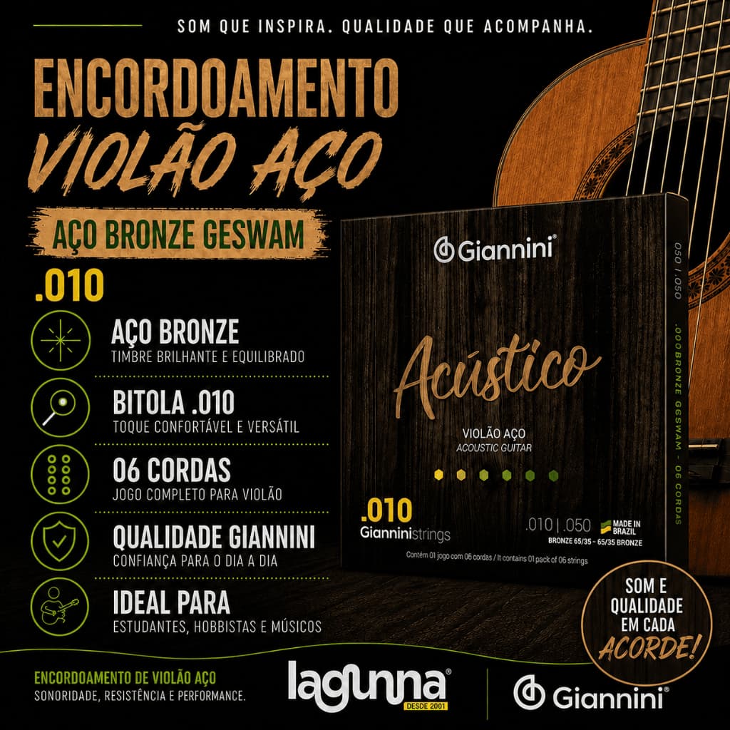 Encordoamento Violão Aço Giannini GESWAM 65/35 .010 Bronze Jogo Com 6 Cordas