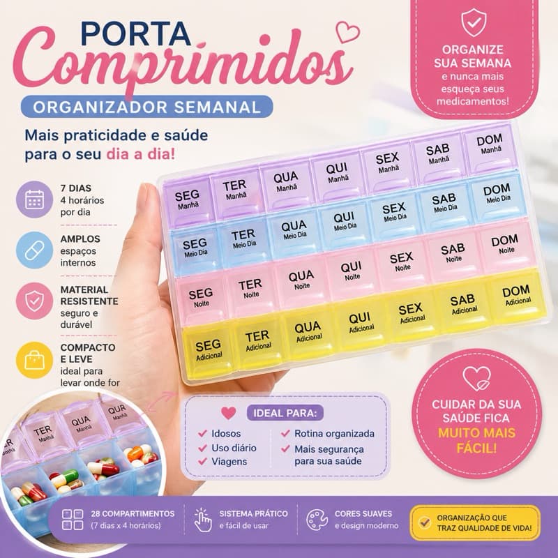 Kit Porta Comprimidos Dia e Noite Duplo Semanal e Mensal