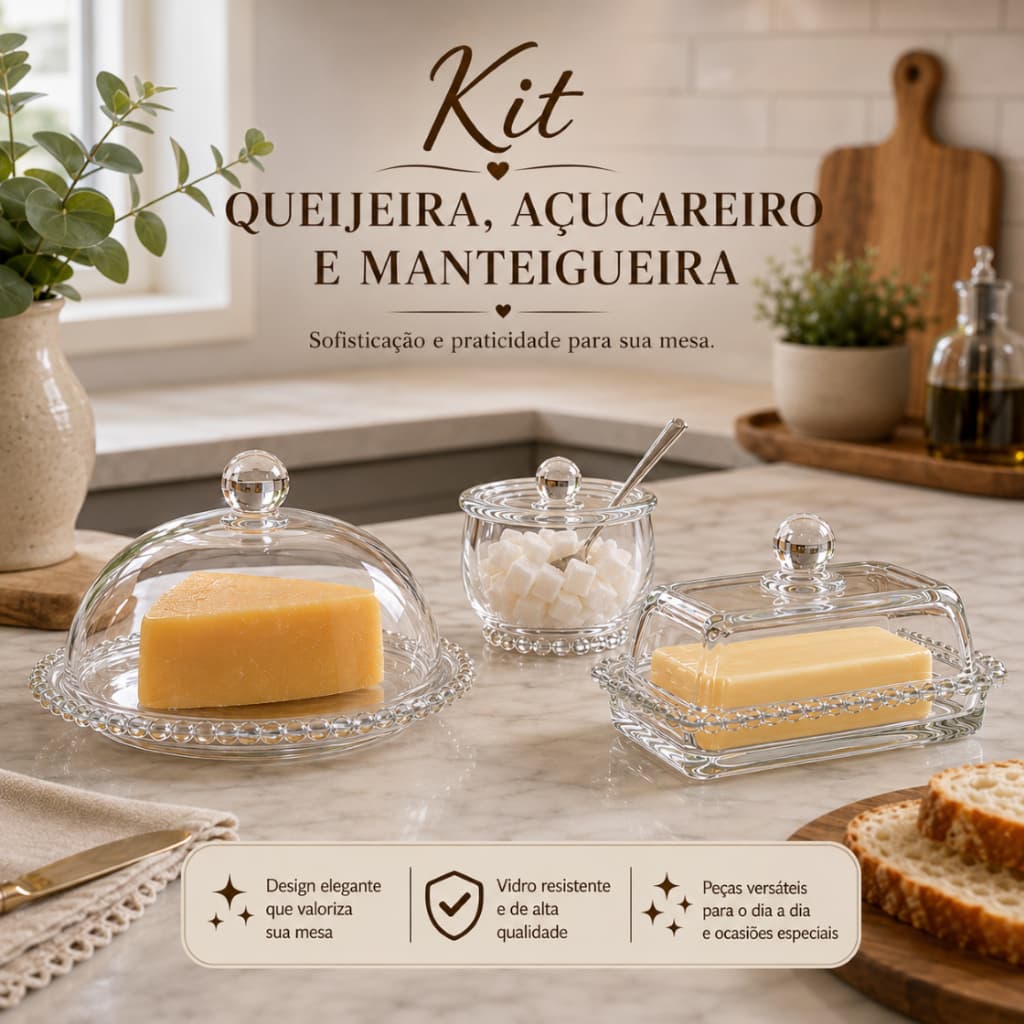 Kit Pearl Café da Manhã 3 Peças – Queijeira, Manteigueira e Açucareiro para Mesa Posta Elegante