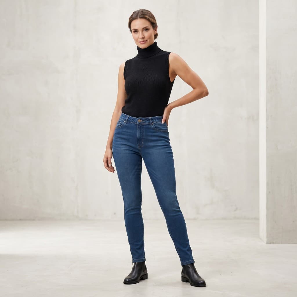 Calça Jeans Feminina Skinny Cintura Alta com Zíper na Barra 2 Bolsos Traseiros Modela Corpo