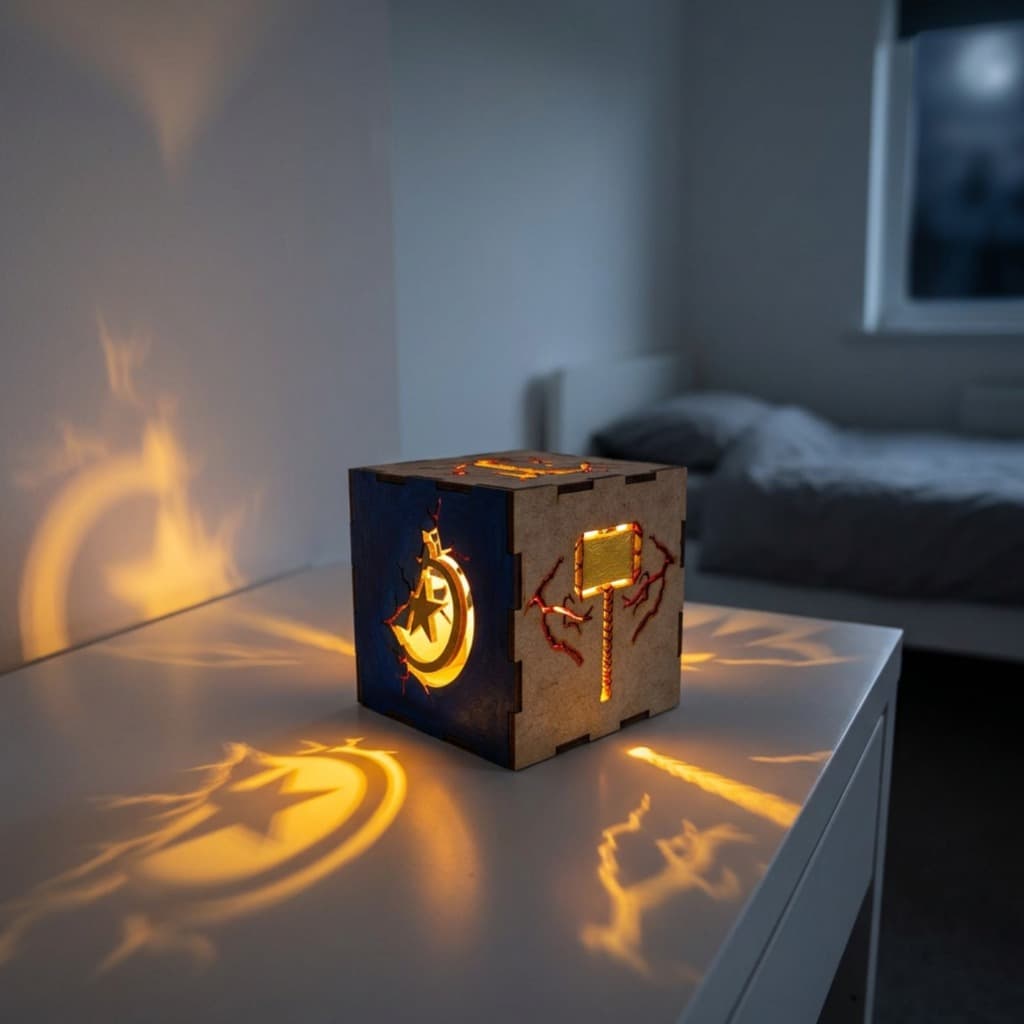 Luminária Cubo Avengers Para Presente Decorativo Reflete na Parede MDF Cru e Preto
