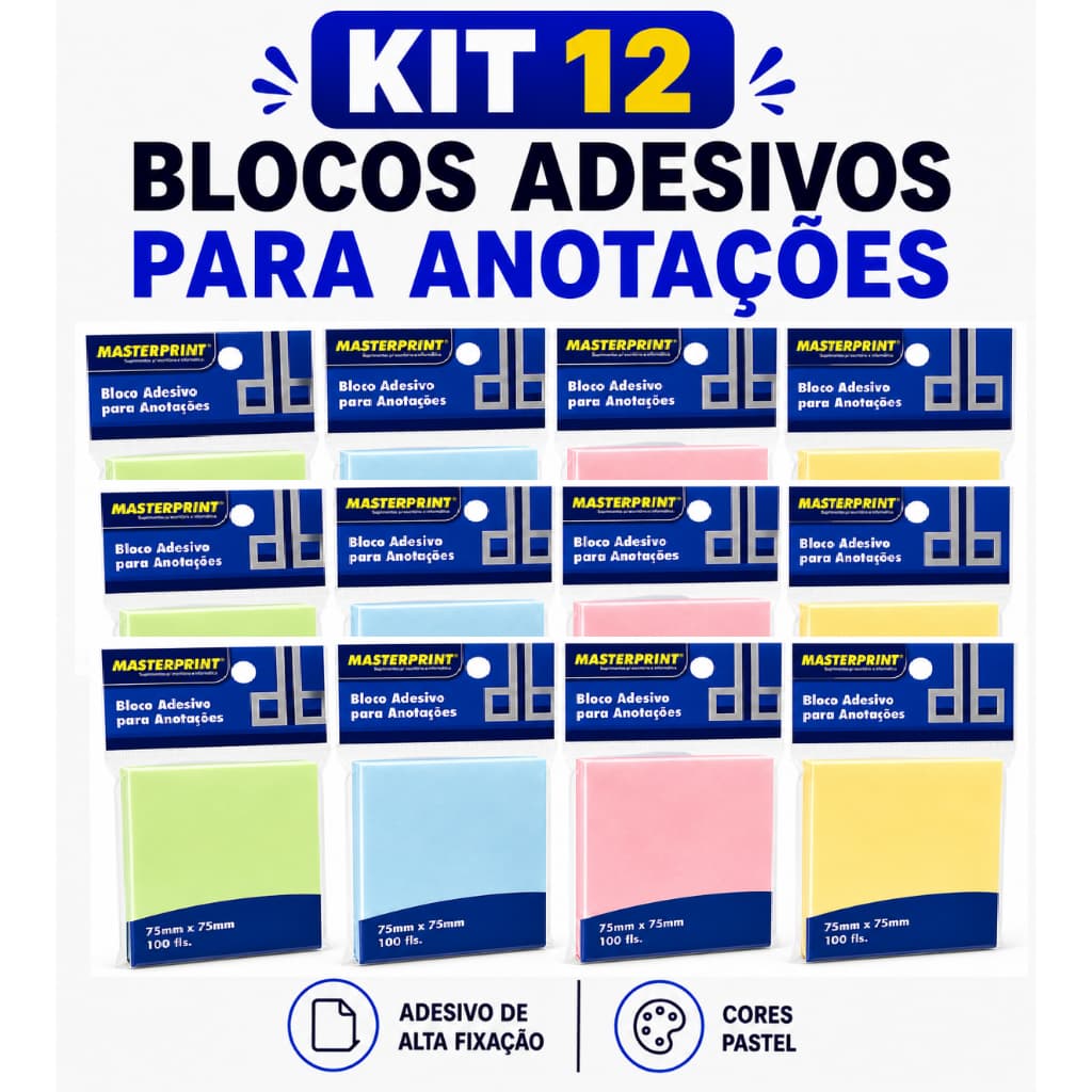 Kit 12 Bloco Adesivo Pastel 75x75mm 1200 Folhas para Anotações Recados Colorido Masterprint