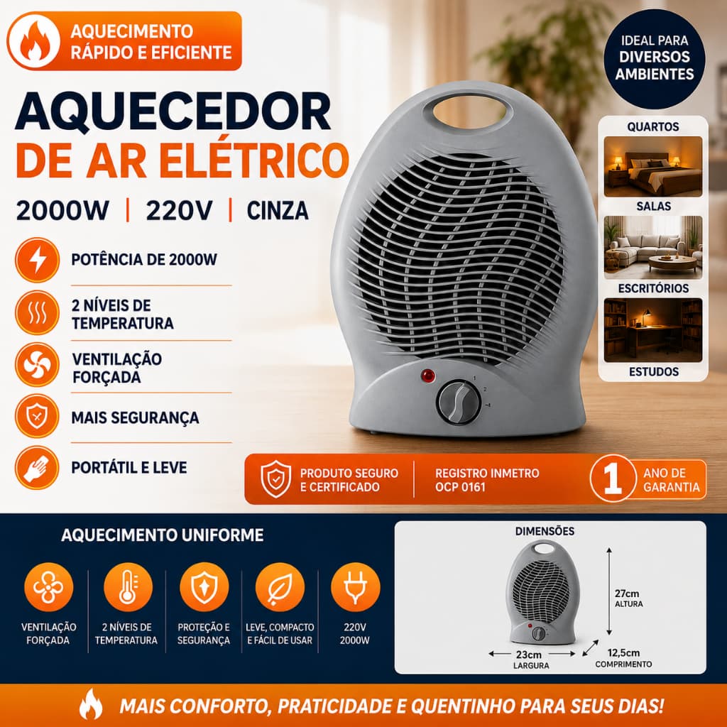 Aquecedor de Ar Elétrico 2000W 220V Cinza – Aquecimento Rápido e Eficiente para Dias Frios