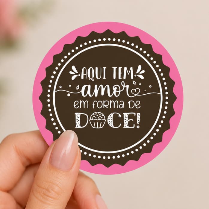 Etiqueta Adesiva para confeitaria-doces| Aqui tem amor em forma de doce | Adesivo Vinil |4,5 x 4,5cm