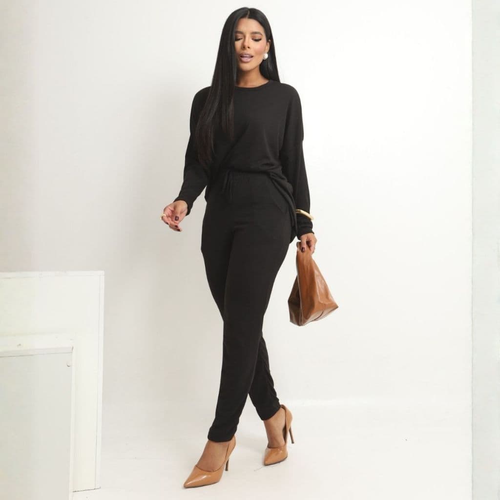 Conjunto Feminino Malha Tricot Longo De Blusa E Calça Moda Inverno Casual Social Exclusiva