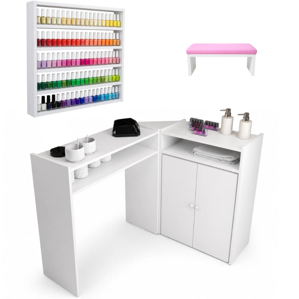 Mesa Manicure Em L Mesinha Escrivaninha Decoração Salão + Esmalteira Grande + Apoio Para Mãos