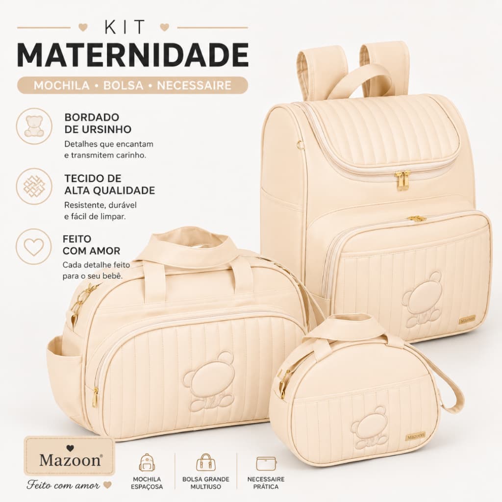 Kit Bolsas Maternidade 3 peças Mochila, Bolsa e Frasqueira Bege com Urso Bordado Bege
