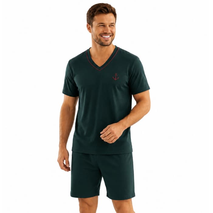 Pijama Masculino Adulto Verão Manga Curta Short Liso Malha Leve e Confortável