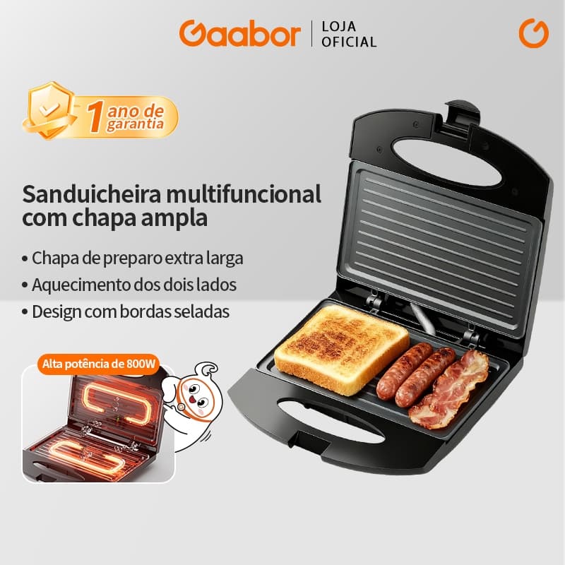 Gaabor Sanduicheira Elétrica 800W Preta Dupla Face Antiaderente Compacta Leve 2 Sandes Grande EH