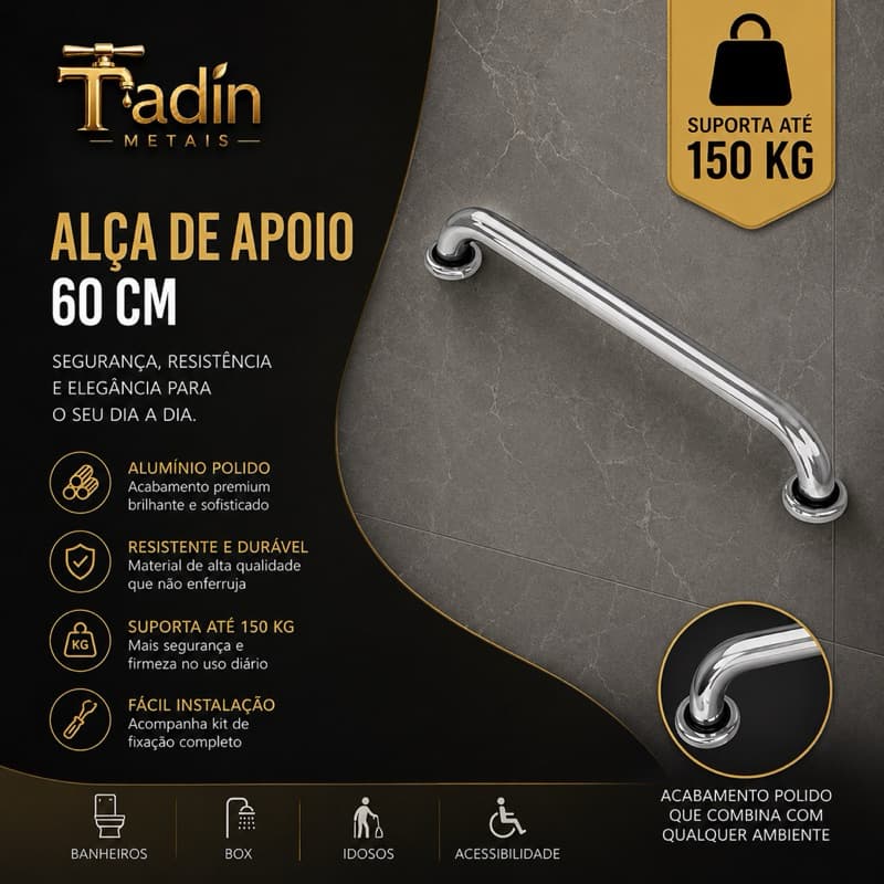 Alça de Apoio 60cm Alumínio Polido Cromado Banheiro Suporta 150kg