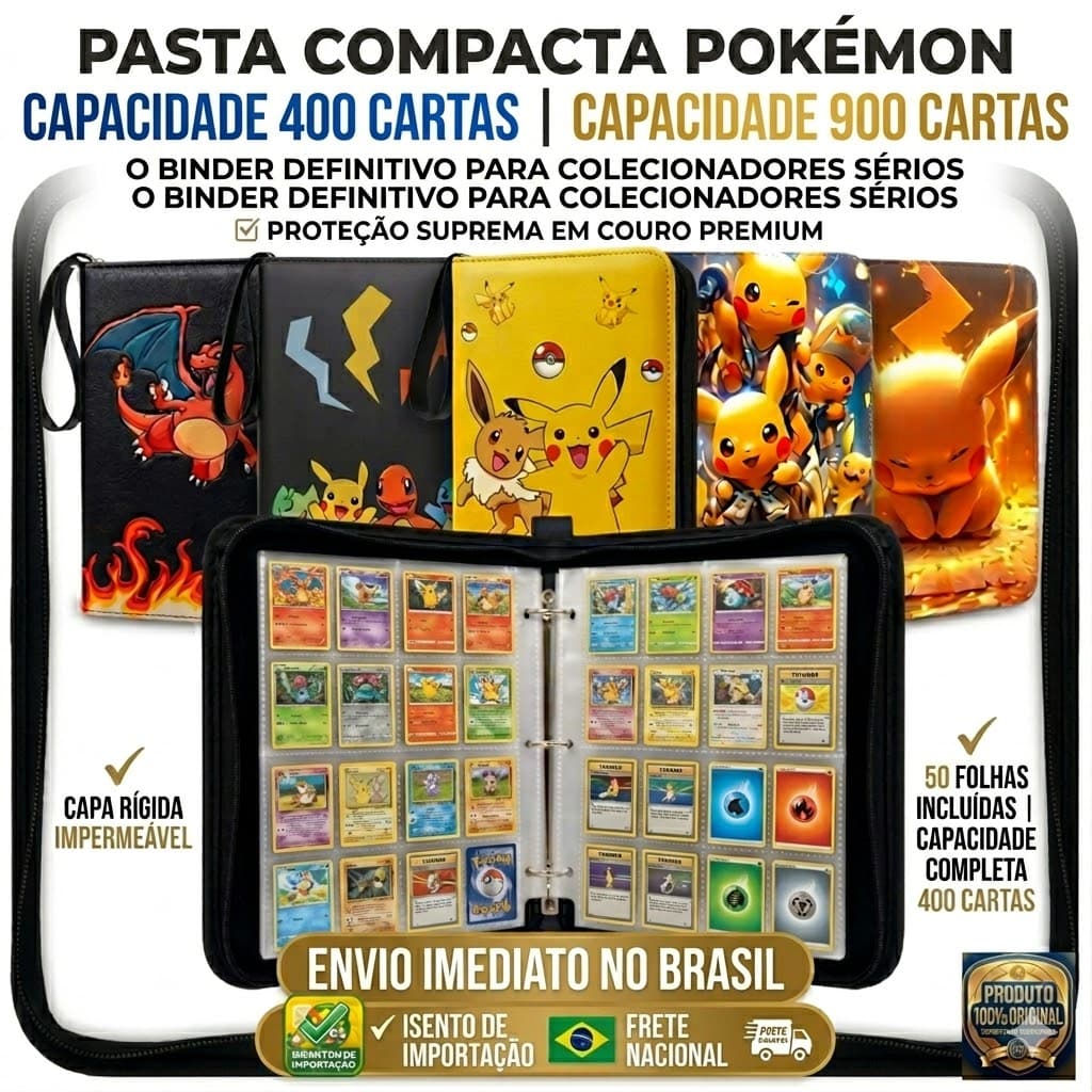 Pasta Pokémon 400 Cartas 2x2 Couro Zíper Original Envio Imediato
