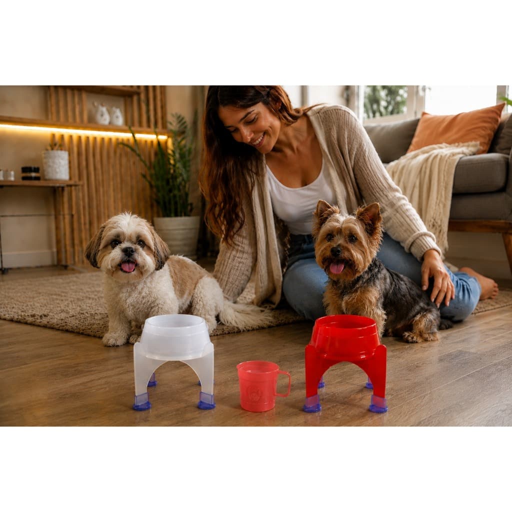 Kit 2 Comedouros + 2 Suportes Elevados P + 1 Caneca Copo Graduado para Ração / Cães de Porte Pequeno