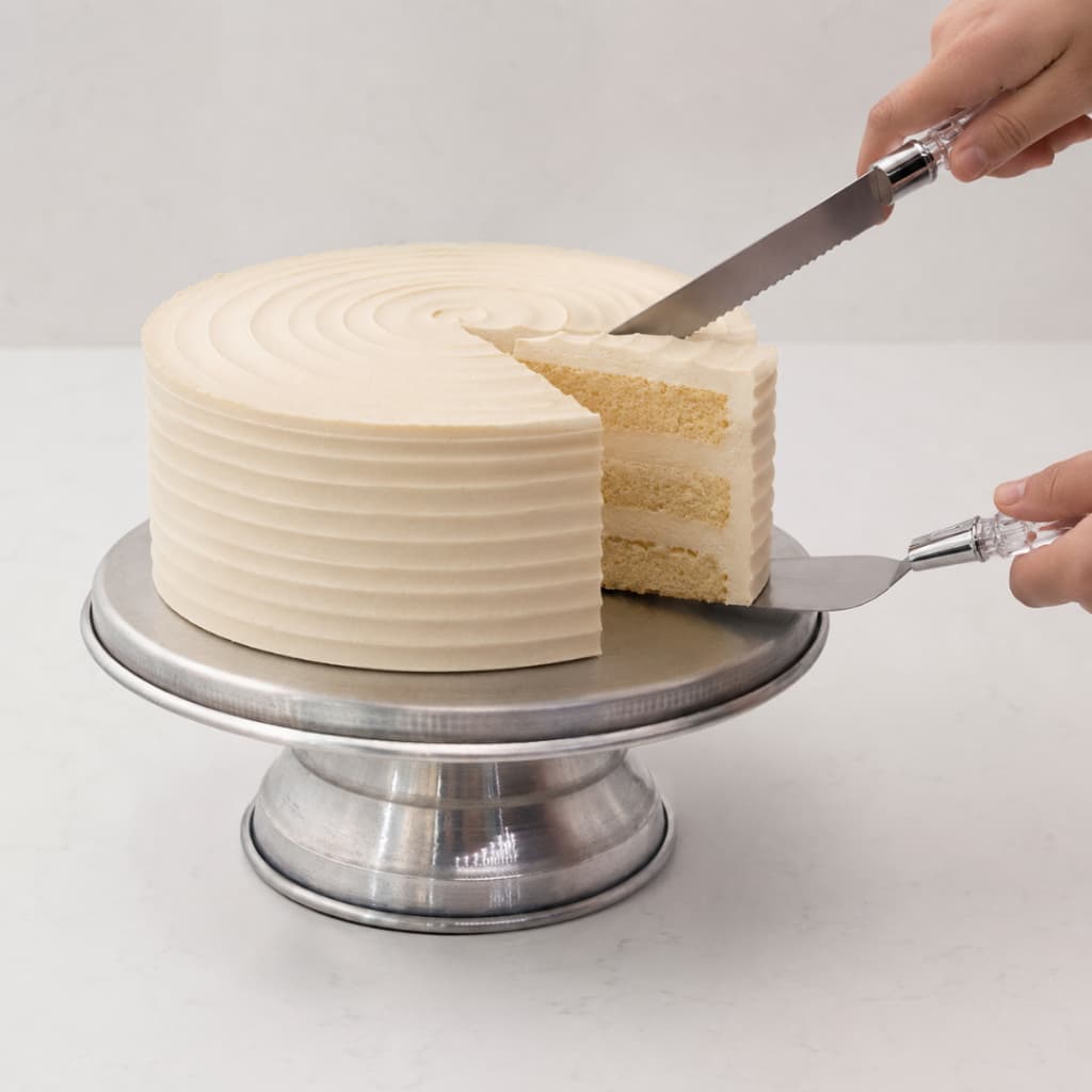 Kit de Confeitaria 3 Peças Bailarina Giratória Alumínio Para Bolo + Conjunto Faca e Espátula Para Bolo em Aço Inox