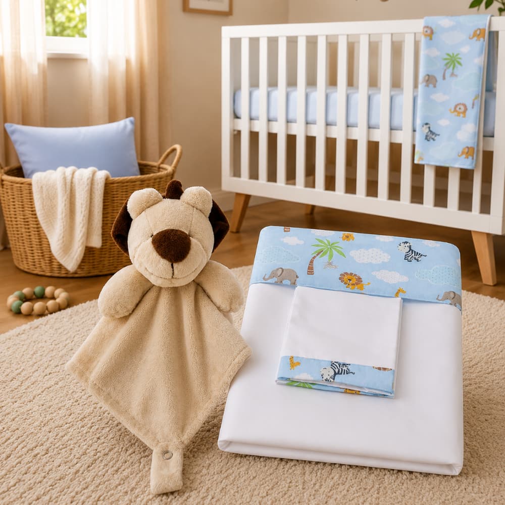 Kit Jogo de Lençol P/ Nene Berço Americano Safari Azul Menino + Naninha Para Bebe de Pelucia Leão Push de Chupeta