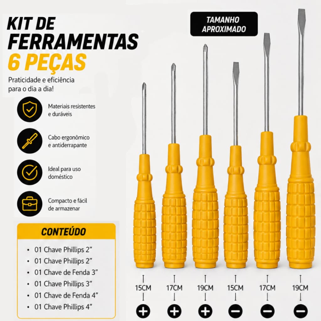 Kit de Ferramentas Jogo de Chaves de Fenda e Phillips 6 Peças Amarela Ferramentas Multiuso Reparos