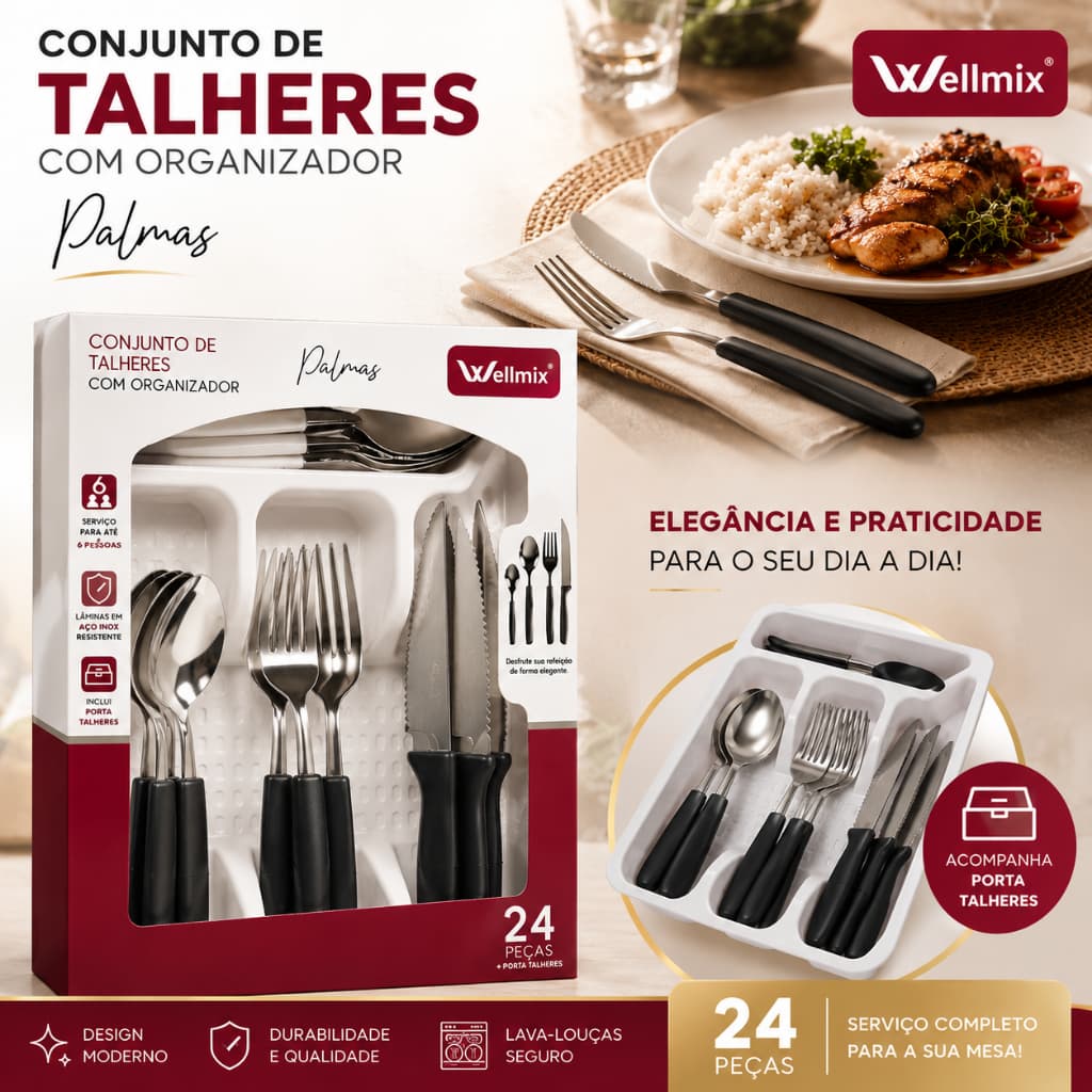 Jogo De Talheres 24 Peças Inox Com Porta Talheres Organizador Premium