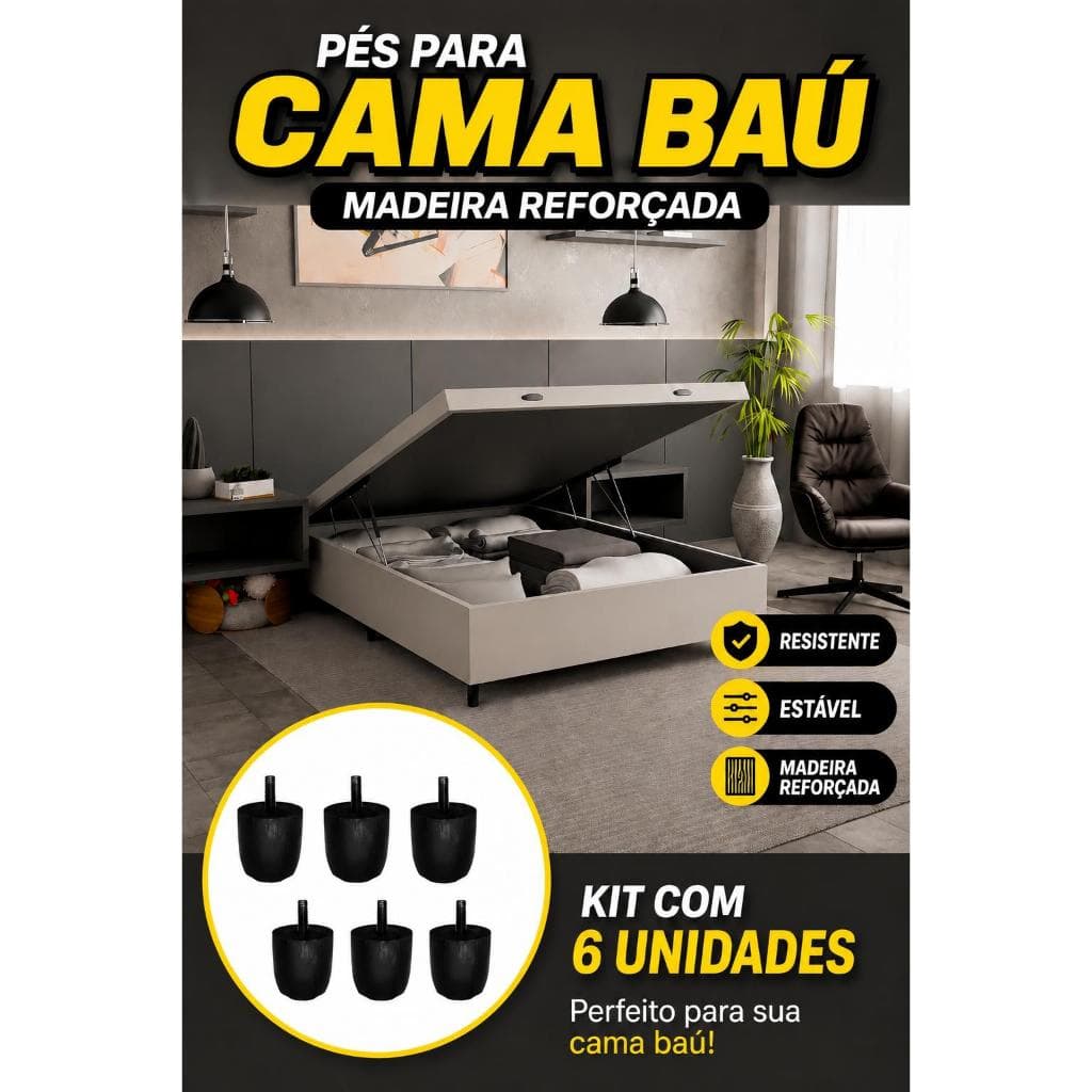 Pés para Cama Box Baú Com 6 Unidades Pezinho Madeira 6,5 cm Casal ou Solteiro Pés - Cor Preto MOVEIS