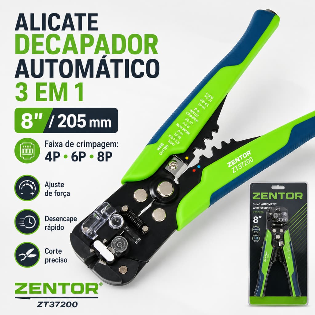 Alicate Automático Multifuncional Deli Zentor 205mm 3 em 1 para Corte e Decapagem de Fios