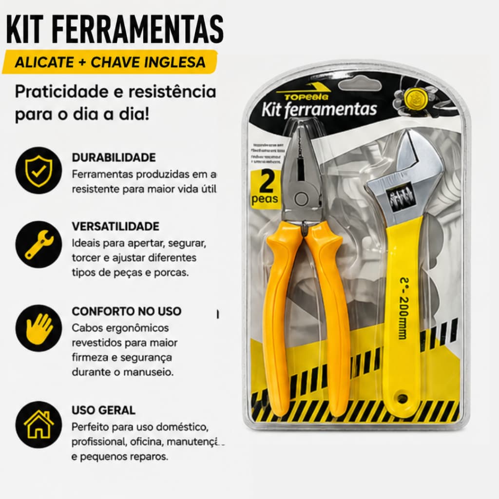Kit Ferramentas 2 Peças com Alicate Universal 7,5" Pol 8 mmChave Inglesa Ajustável 8" Pol Profissional Resistente
