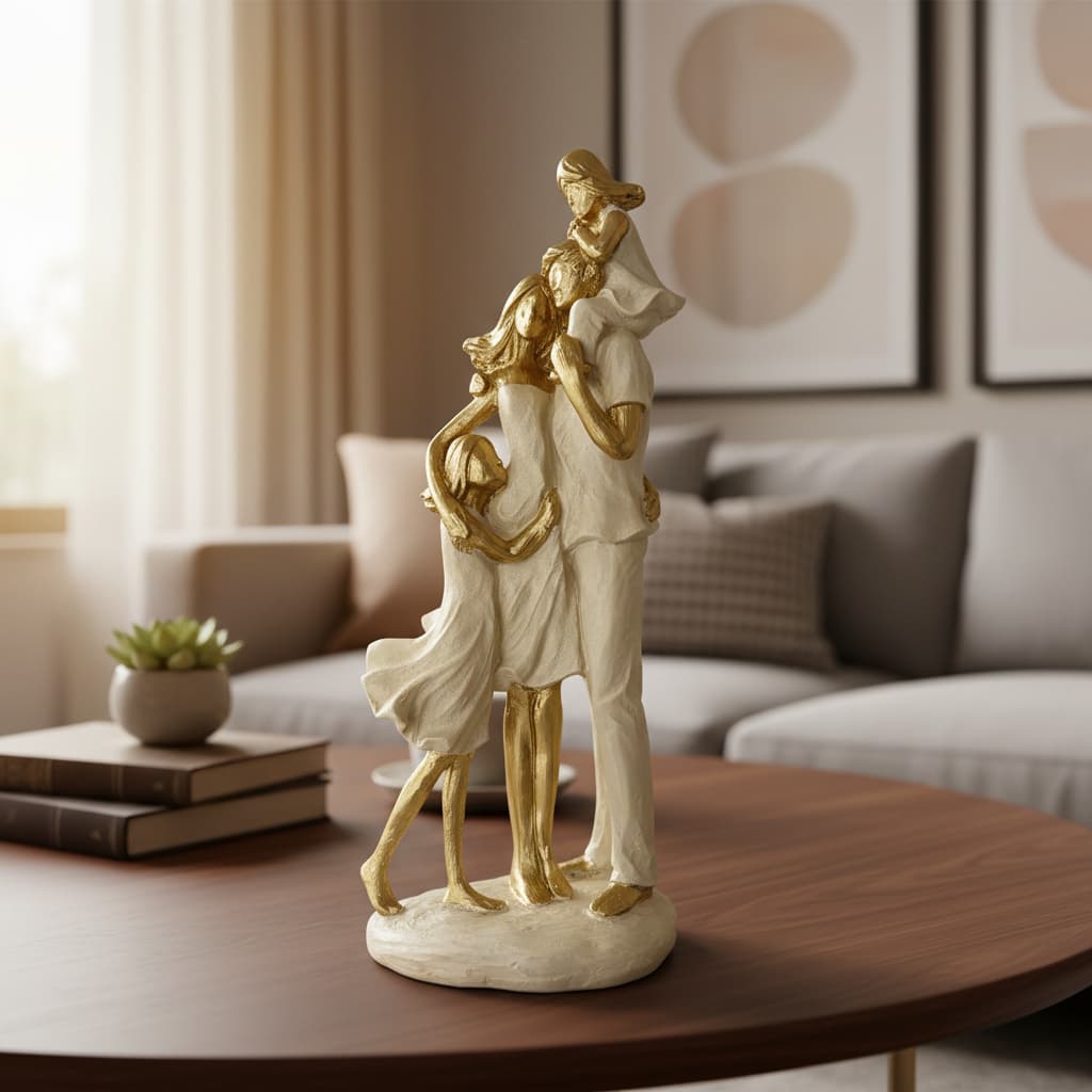 Escultura Estátua Familia com Duas Filhas Meninas - Pai Mãe e Meninas - Presente Decoração de Casa