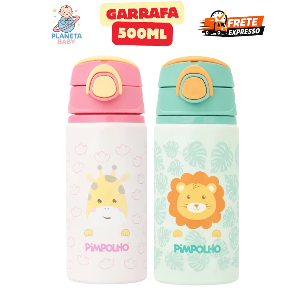 Garrafa Termica Inox com Canudo 500ml Pimpolho Menino Menina Zoo Tigre Giraffa Escola