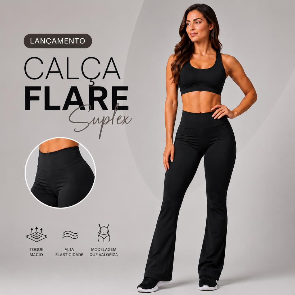Calça Flare Feminina Suplex Preta Boca de Sino Cintura Alta Legging Bailarina