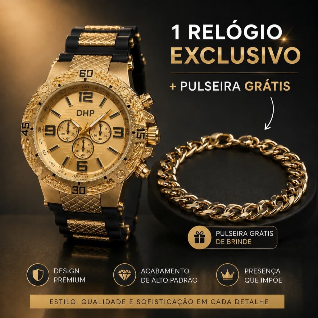 Relógio Masculino DHP Original Dourado Preto Pulseira Premium Á Prova D’Água