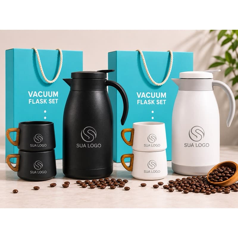 Kit Garrafa Café Térmica Aço Inox Xícara Personalizada Empresa Nome Logo Brinde