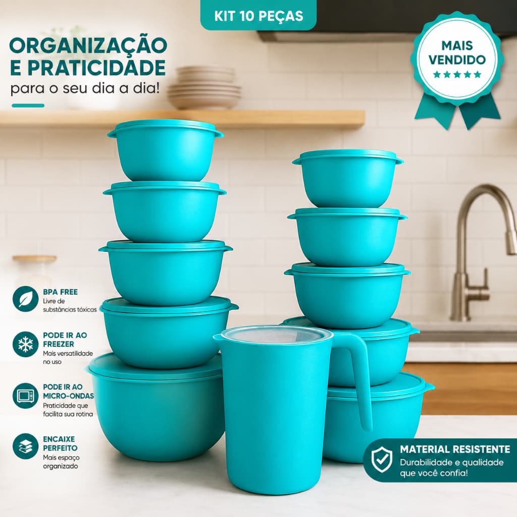 Potes Plástico Bowl 10 unidades Com Tampa e Jarra Para Suco Livre BPA - Casa Bella