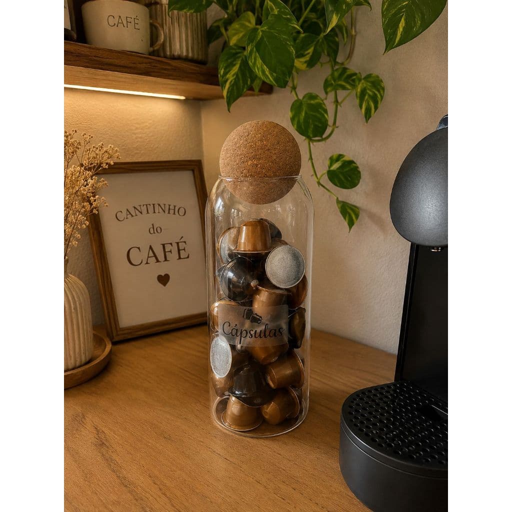 Porta Cápsulas de Café em Vidro com Tampa de Cortiça 1050ml Organizador Decorativo para Cantinho do Café