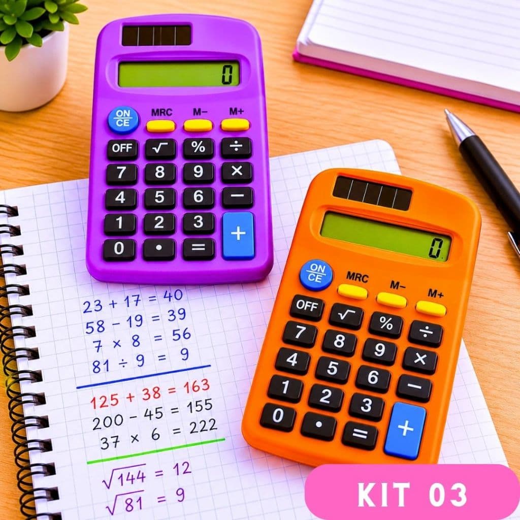 Kit 3 Calculadora de Bolso Compacta Colorida Mesa Portátil com 8 Dígitos e Teclas Silenciosas