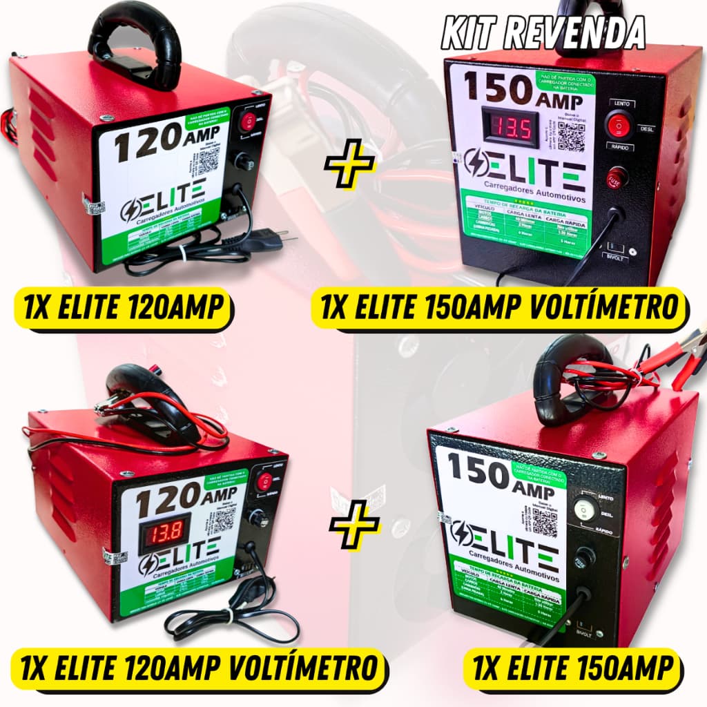 Kit 4 Carregador de bateria 12V 5A 12A Voltímetro Elite Revenda Atacado Bivolt Carga Lenta Rápida Turbo Ventilação