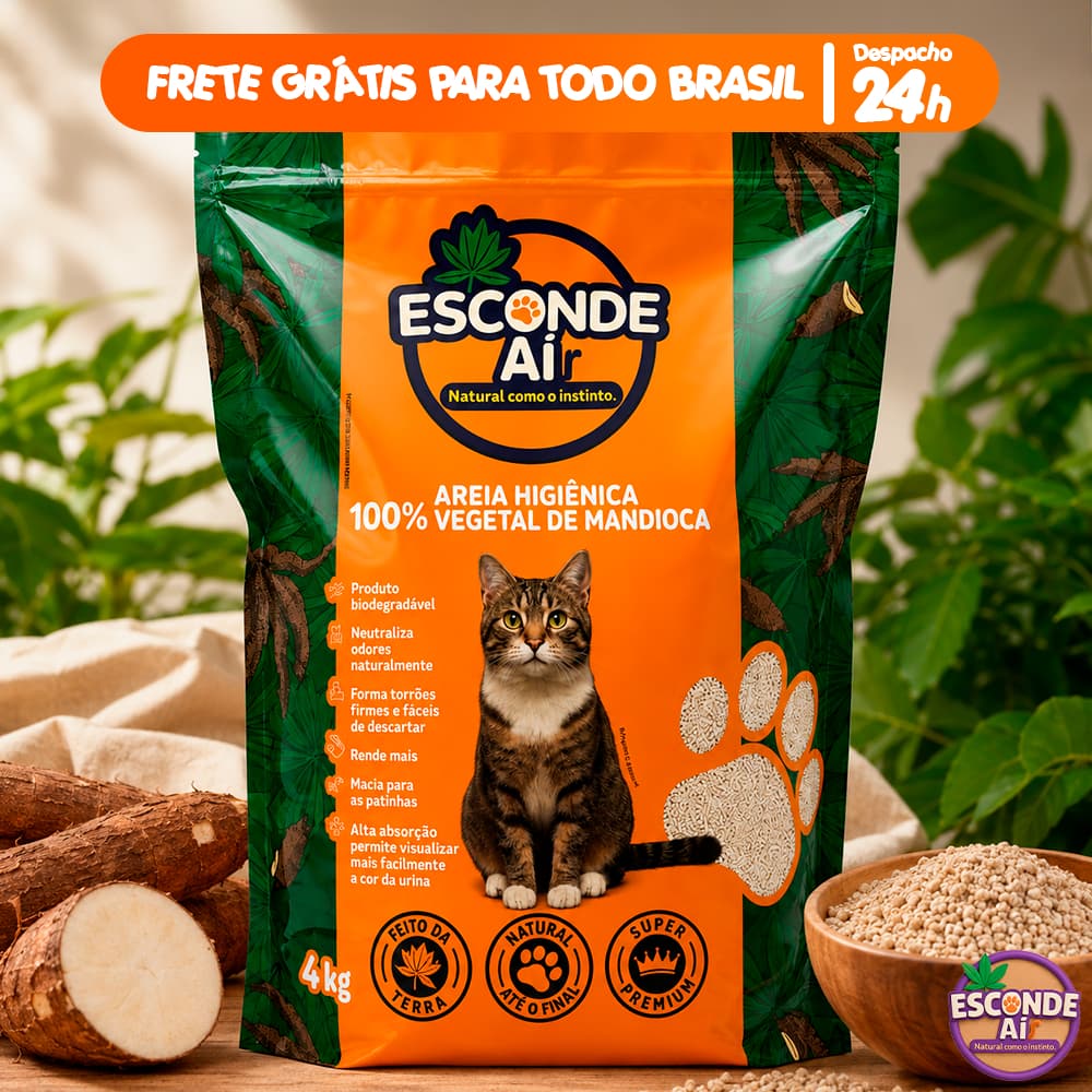 Areia Sanitária Granulado Higiênico de Mandioca Biodegradável Esconde Ai 4KG a 16KG Forma Torrões