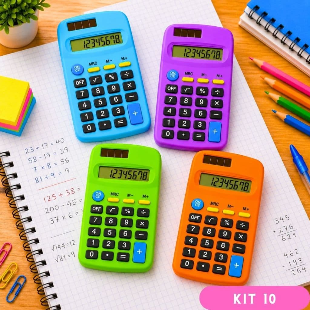 Kit 10 Calculadora Compacta Colorida Mesa Portátil de Bolso com 8 Dígitos para Escritórios Estudante