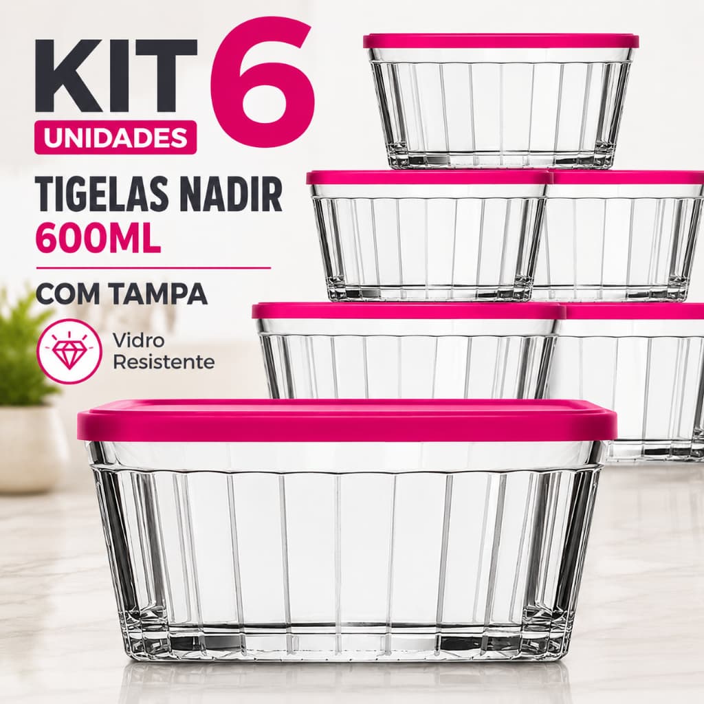 Kit 6 Tigelas de Vidro Nadir 600ml com Tampa Colorida Bowl Pote Multiuso Alimentos Marmita