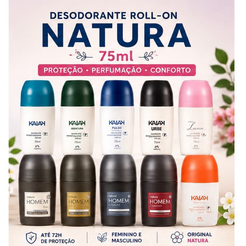 Desodorante Roll-On Natura 75ml Original 72h Kaiak Homem Luna Masculino Feminino