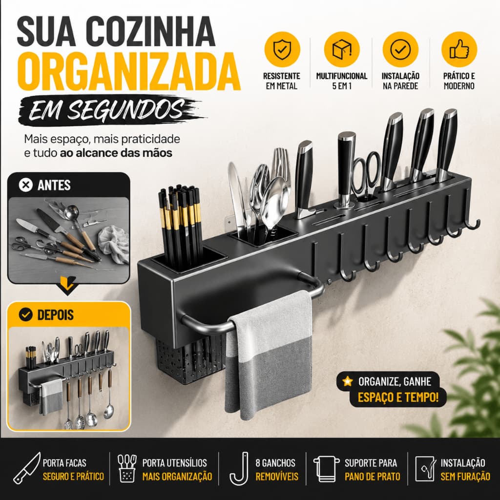 Organizador de Cozinha de Parede Metal Porta Facas Porta Utensílios Multifuncional