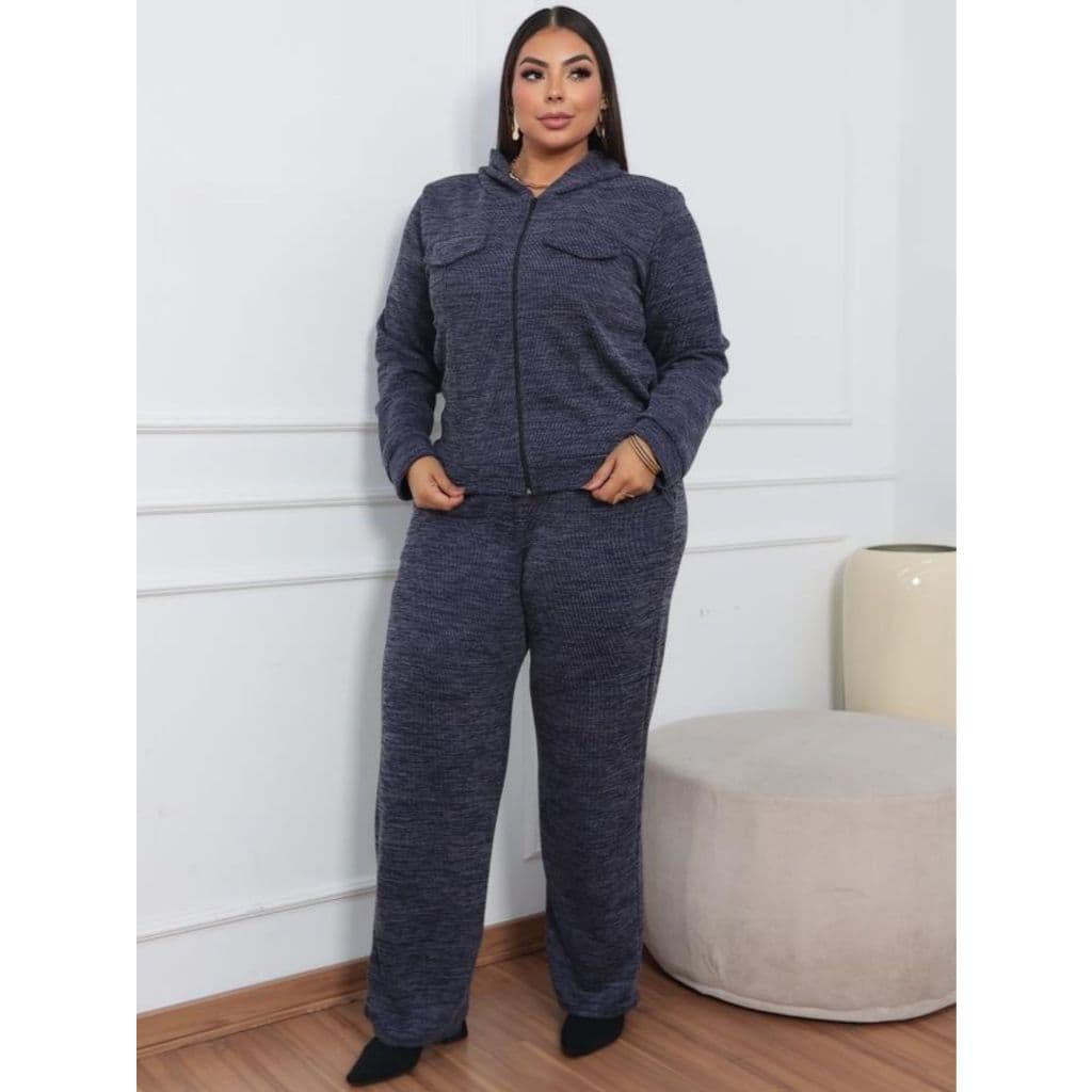 Conjunto Plus Size casaco com zíper, capuz, calça wide leg bolso, Malha Ribi Canelada Premium, feminino inverno conforto