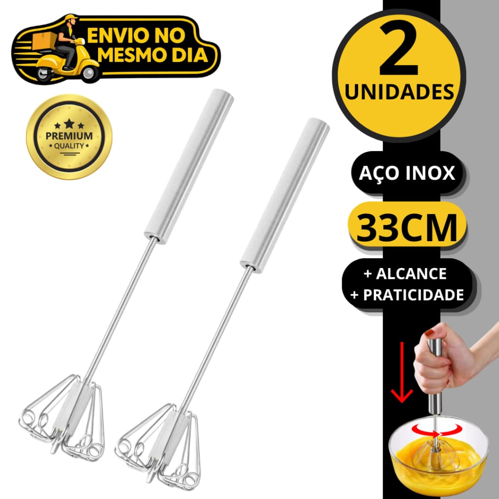 KIT 1 ou 2 Batedor Semi Automatico de Ovos Clara Aço Inox Fue Fuet Manual Mixer Profissional Multiuso