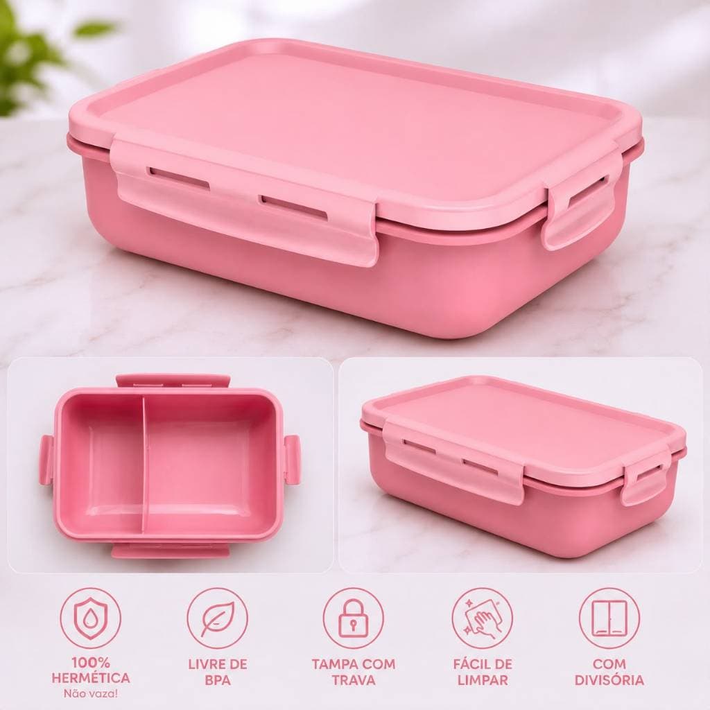 Marmita Hermética com Divisórias Rosa Pote BPA Free para Micro-ondas Freezer E Trabalho