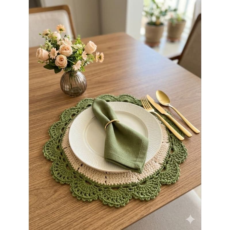 Kit 2 unid. Americanos de Crochê 37cm 100% Algodão | Sousplat  Cru com Fio Dourado e  Verde Militar | Pronta Entrega